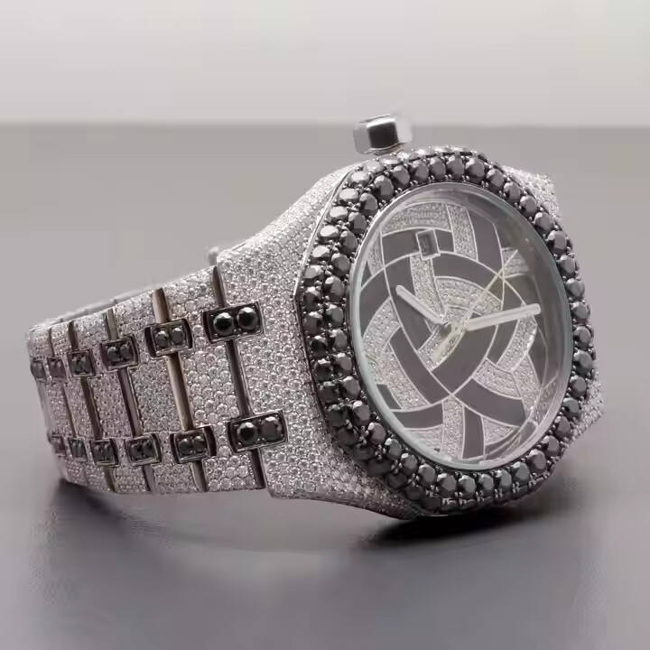 Custom Made Analog Glass Dial Display Watch Black White Moissanite Handcrafted Party Wear Stainless Steel Silver Quartz Fashion
