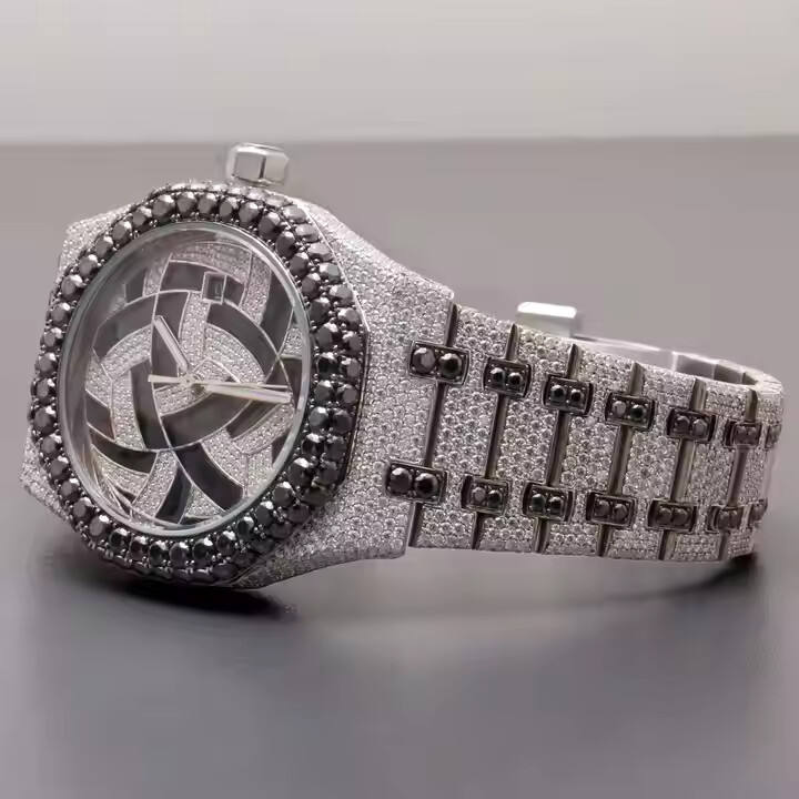 Custom Made Analog Glass Dial Display Watch Black White Moissanite Handcrafted Party Wear Stainless Steel Silver Quartz Fashion