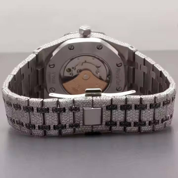 Custom Made Analog Glass Dial Display Watch Black White Moissanite Handcrafted Party Wear Stainless Steel Silver Quartz Fashion