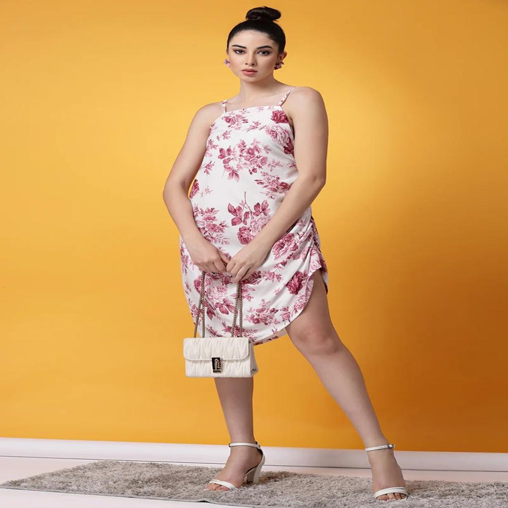 Ladies One Piece Dress - Color: Pink Floral Motif On White