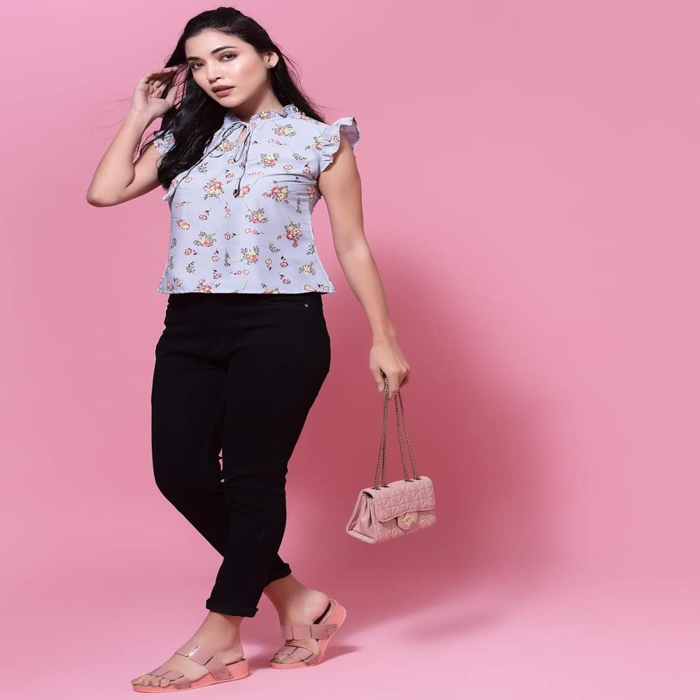 Grey Floral Print Top