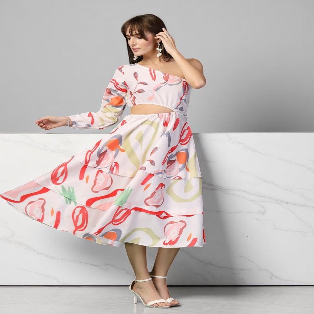 Abstract Print One Shoulder Midi Dress - Color: White