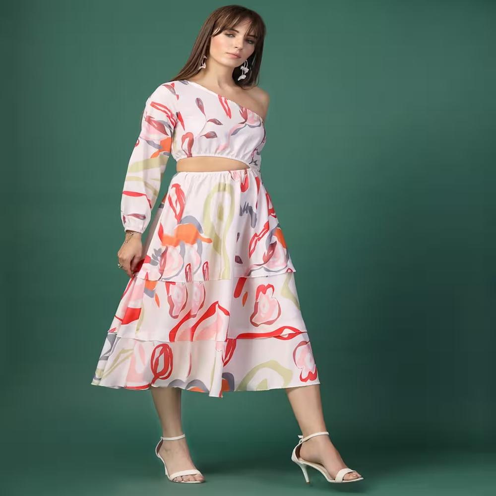 Abstract Print One Shoulder Midi Dress - Color: White