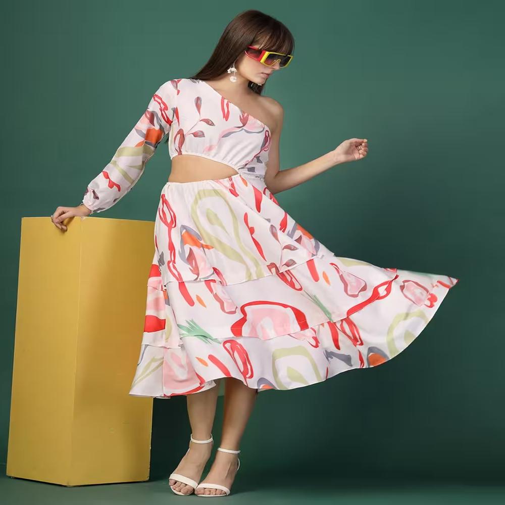Abstract Print One Shoulder Midi Dress - Color: White