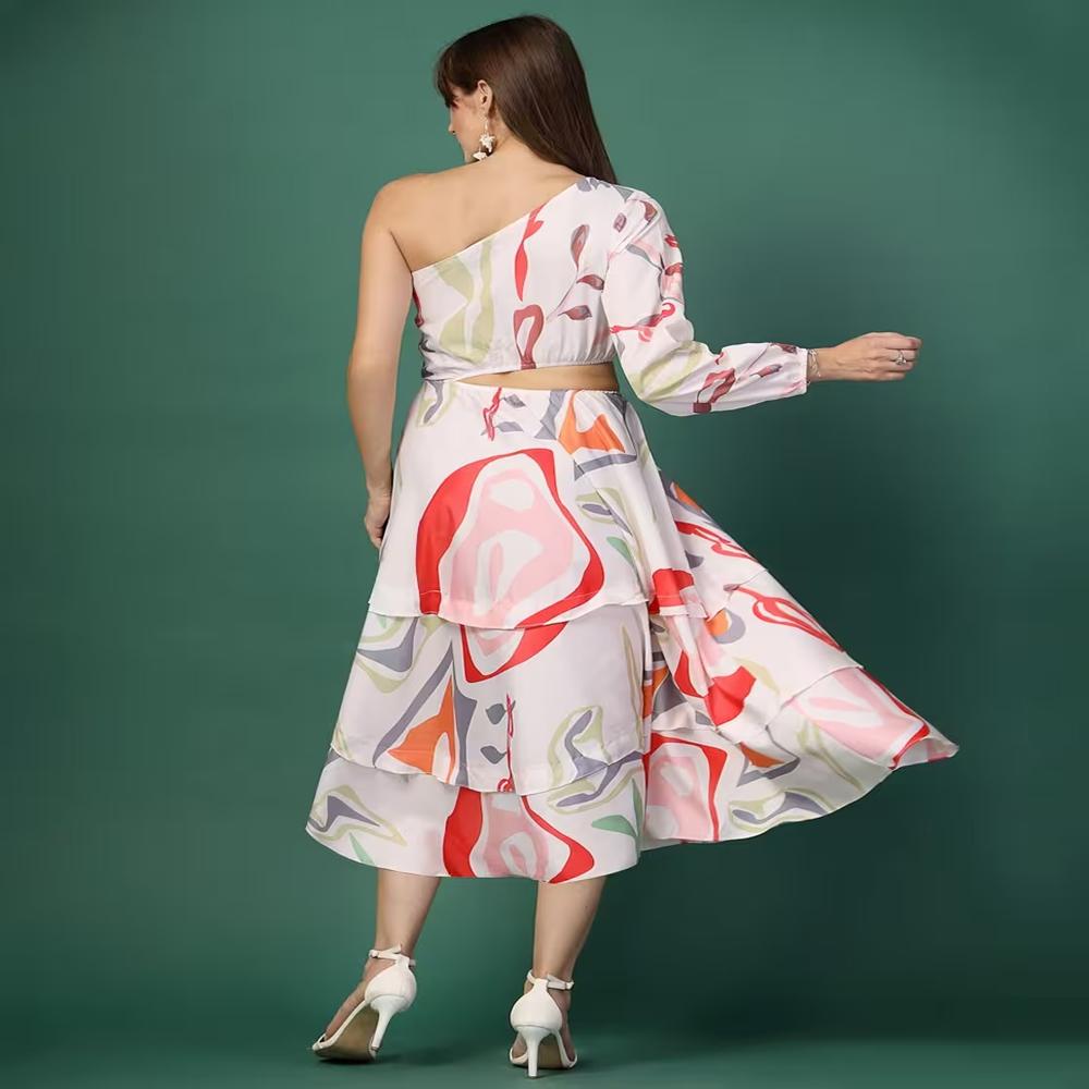 Abstract Print One Shoulder Midi Dress - Color: White