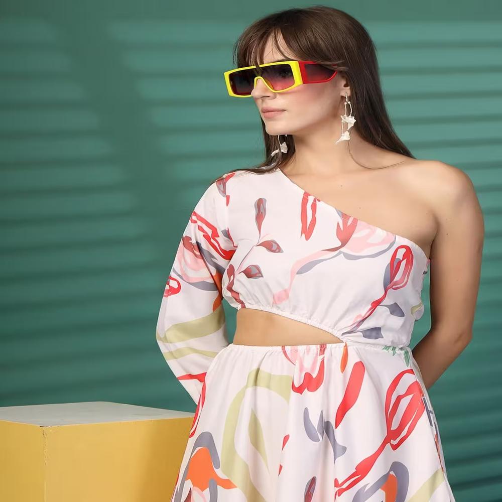 Abstract Print One Shoulder Midi Dress - Color: White
