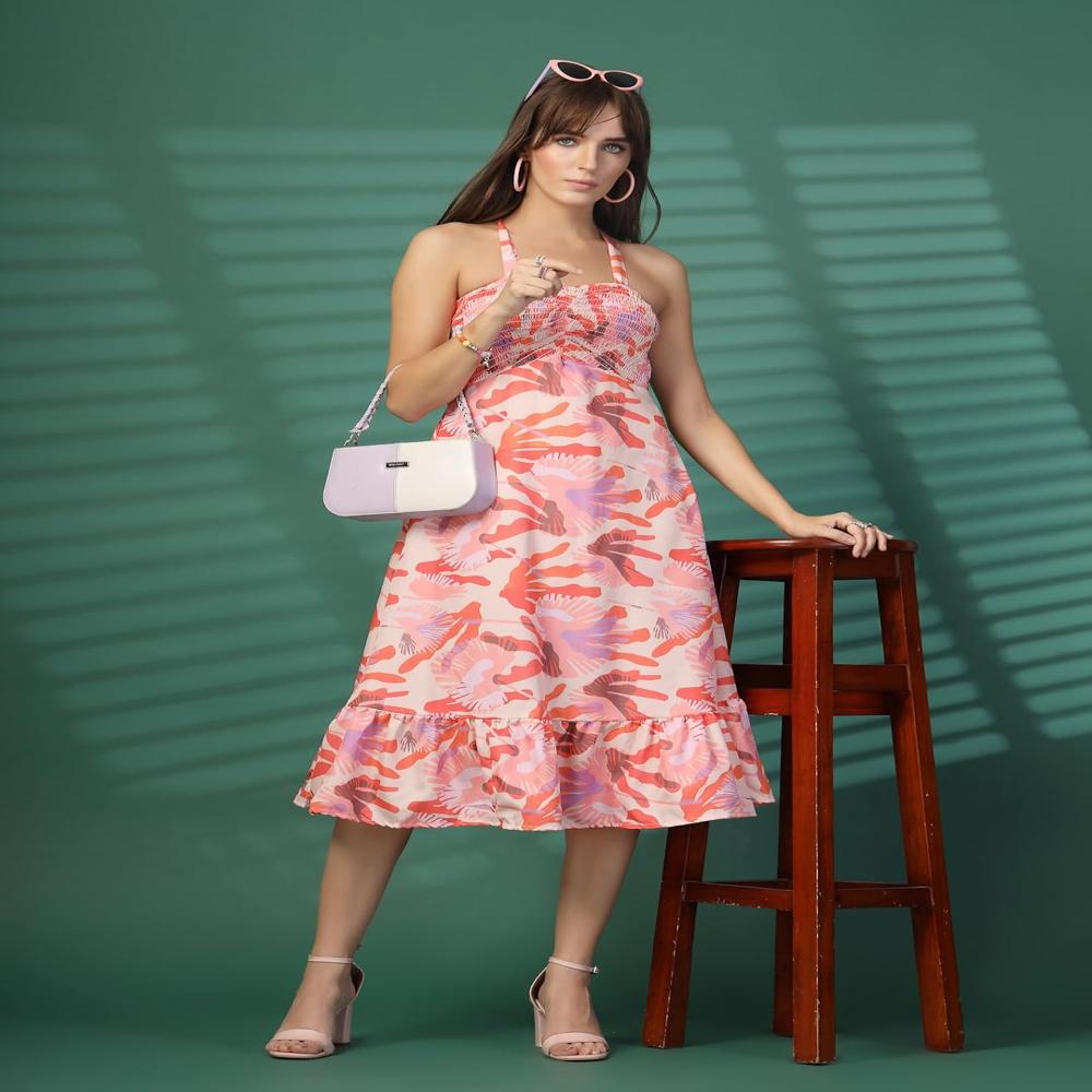 A-line Printed Crepe Midi Dress - Color: Pink