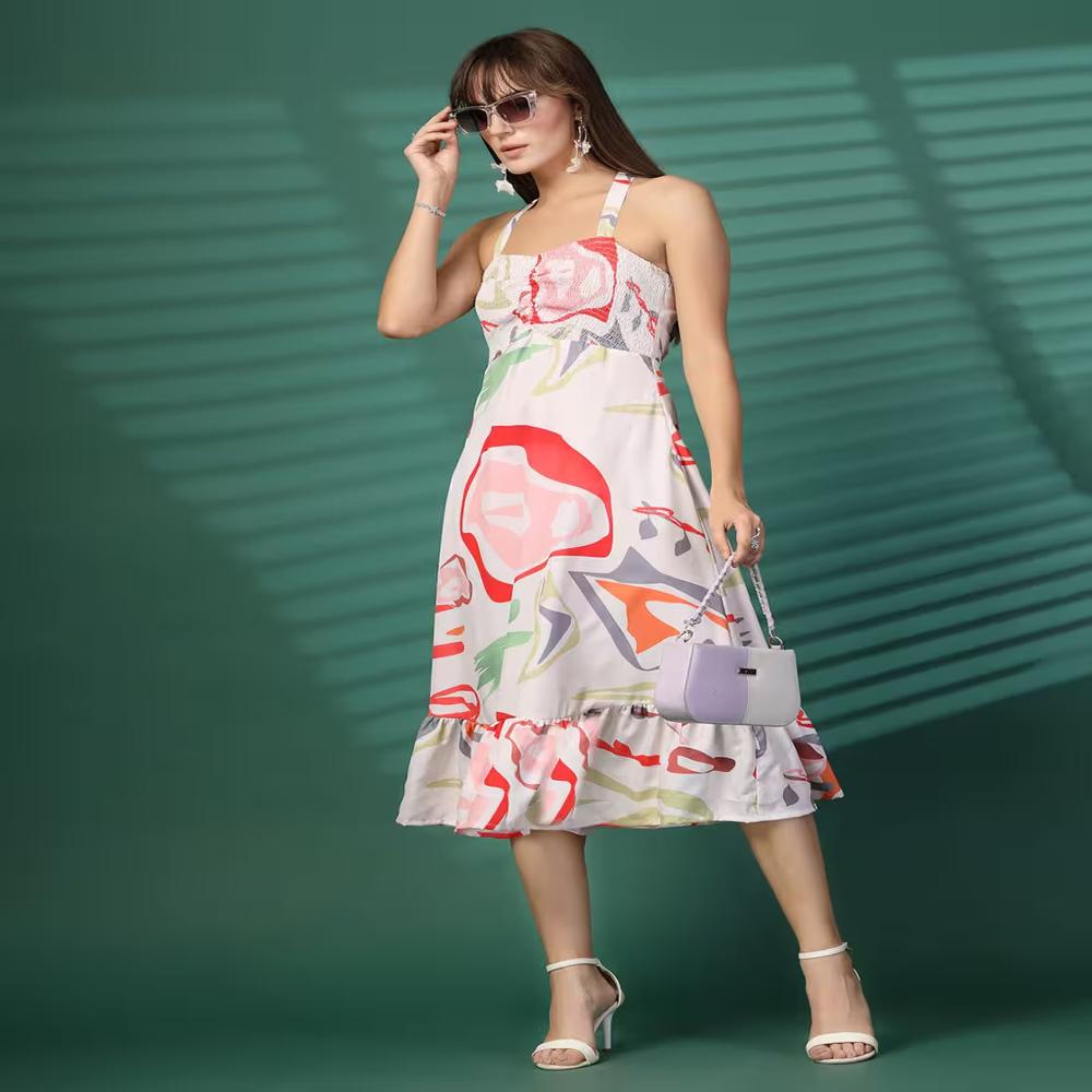 Printed A-Line Midi Dress - Color: White