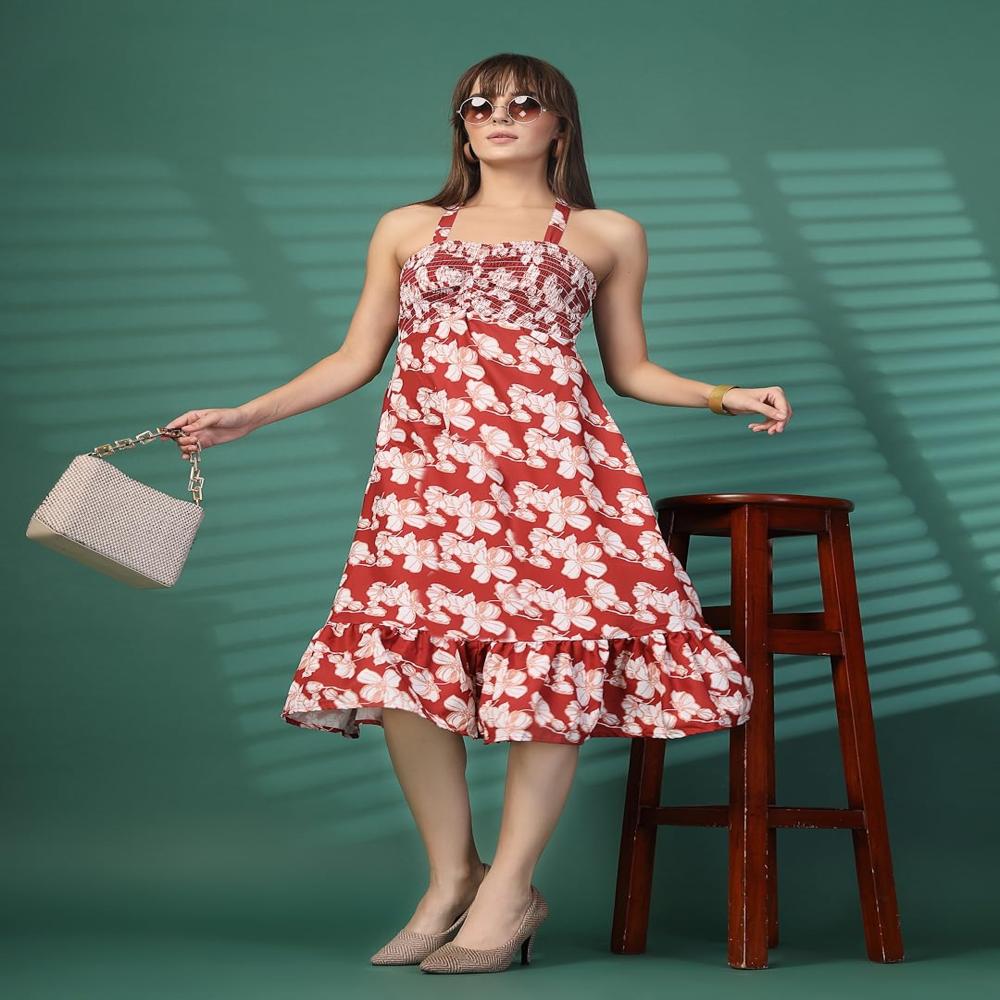 Women Floral Printed A-Line Midi Dress - Color: Red