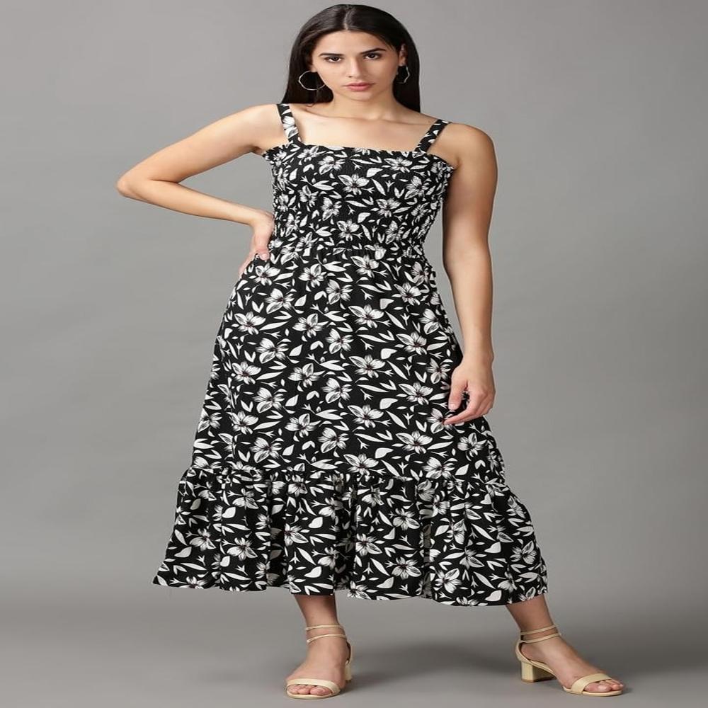 Women Floral Printed Shoulder Straps A-Line Midi Dress - Color: Black