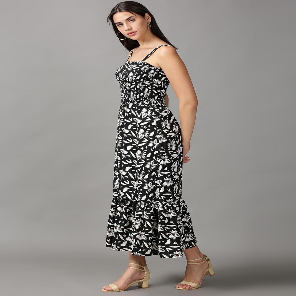 Women Floral Printed Shoulder Straps A-Line Midi Dress