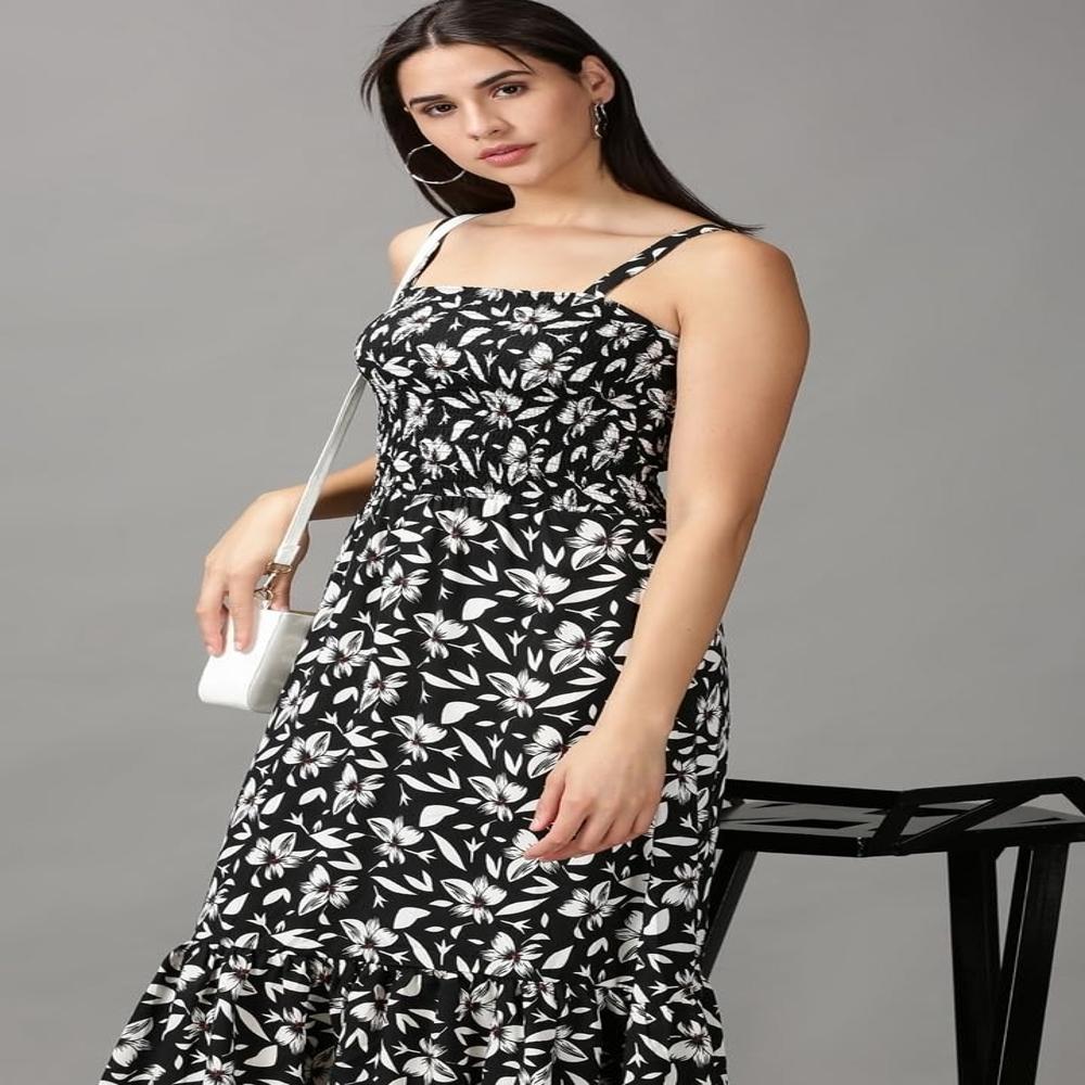 Women Floral Printed Shoulder Straps A-Line Midi Dress