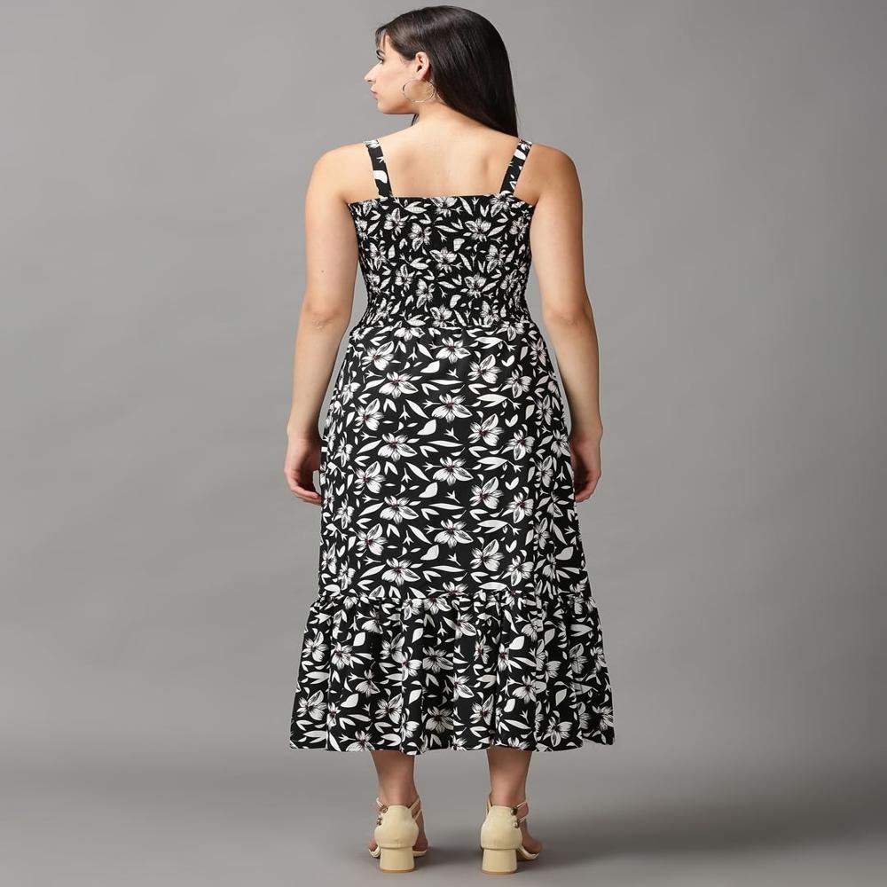 Women Floral Printed Shoulder Straps A-Line Midi Dress