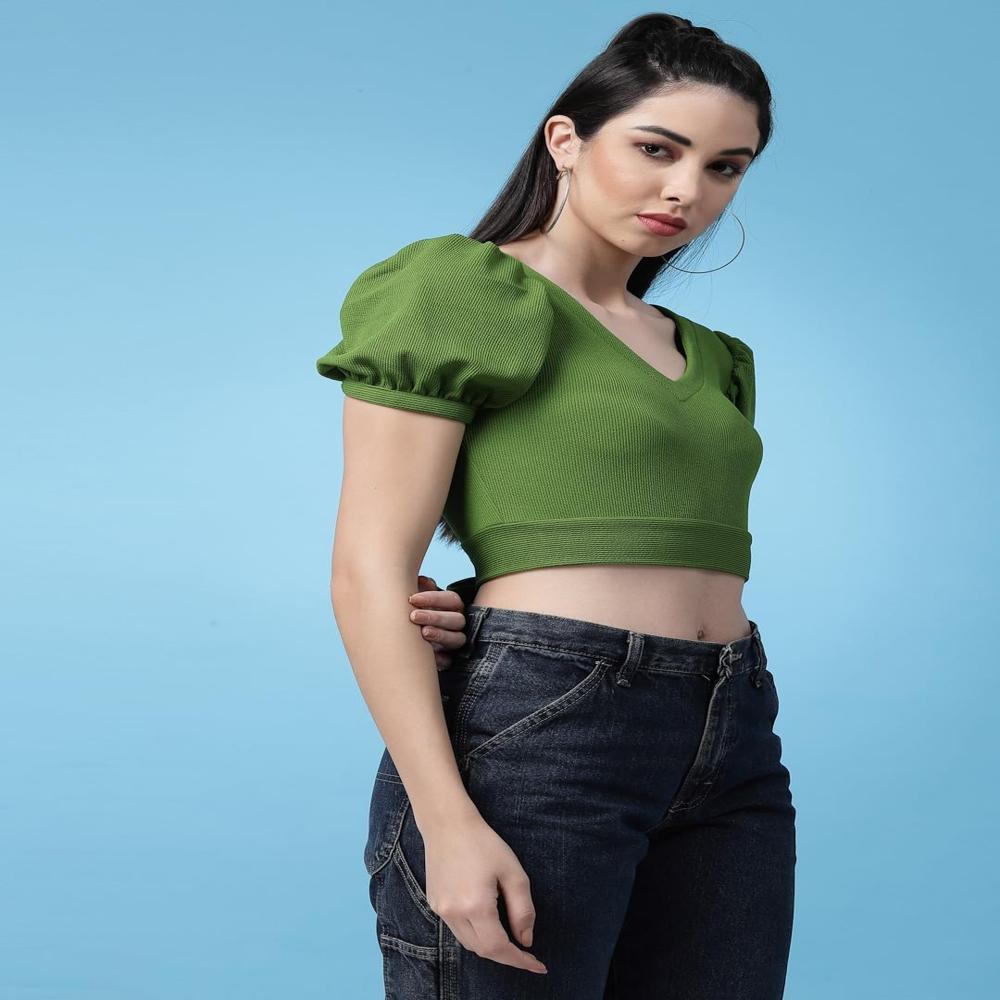 Fancy Solid Fit Top - Color: Green