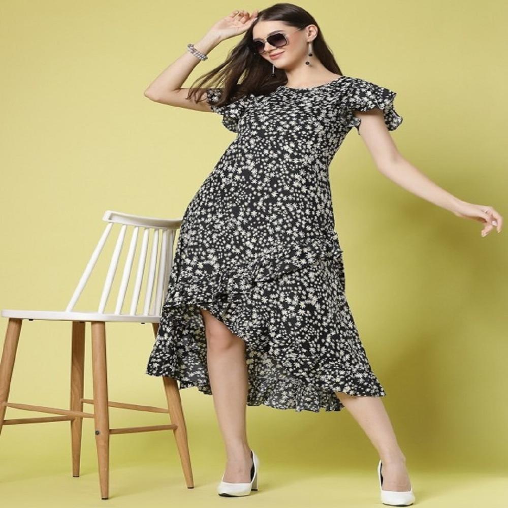 Floral Printed Flutter Sleeve Ruffled Crepe A-Line Midi Dress