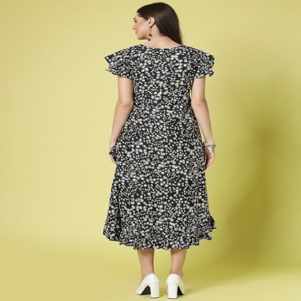Floral Printed Flutter Sleeve Ruffled Crepe A-Line Midi Dress