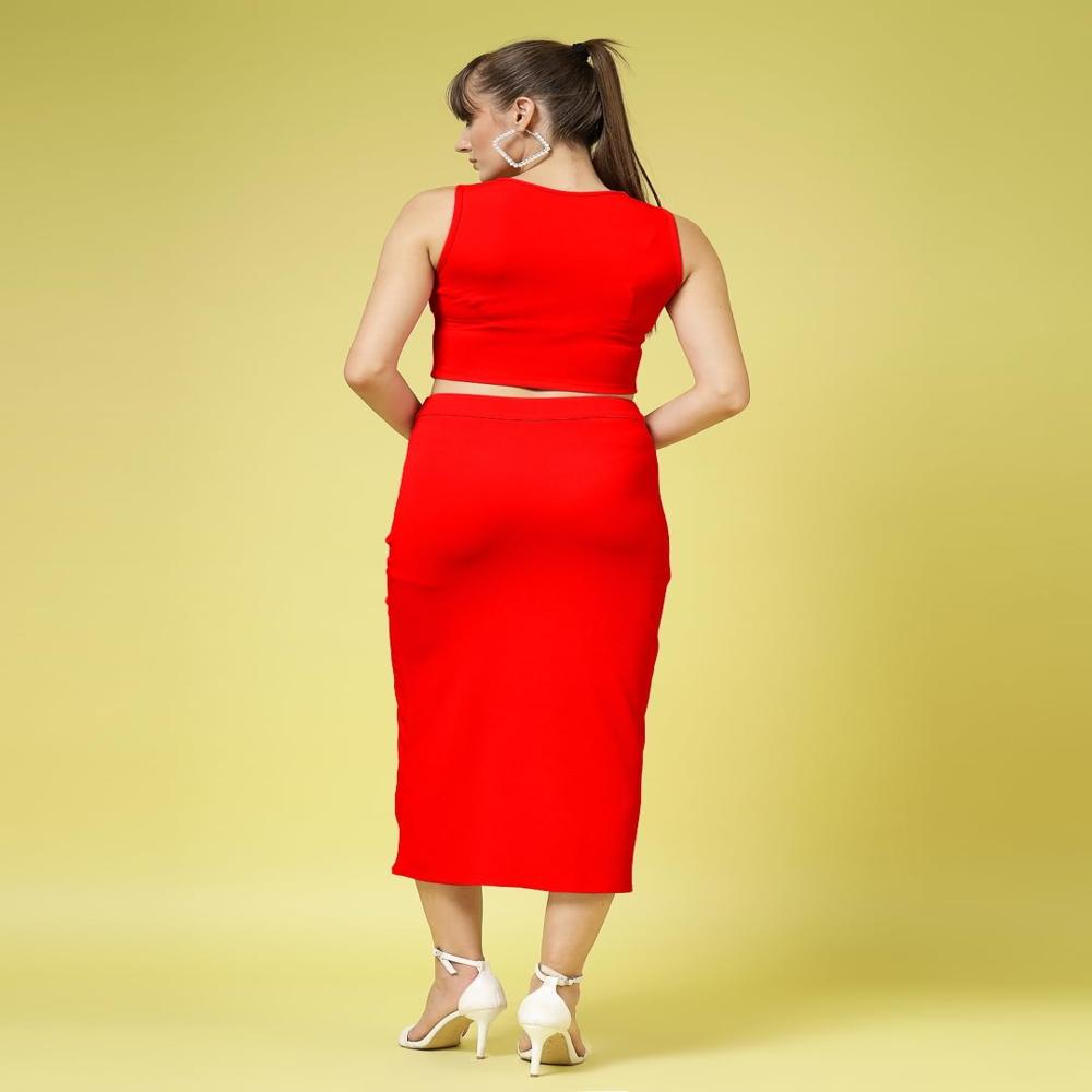 Solid Fitted Red Tops & Tunics - Design: Boat Neck