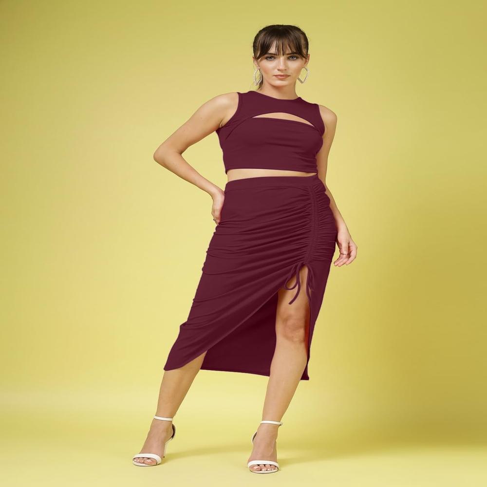 Stretchable Lycra Coord Top And Skirt Set , Red - Color: Maroon