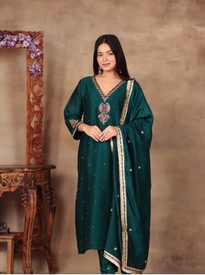 Ladies Silk Embroidered Suit Set - Ethnic Region: Indian