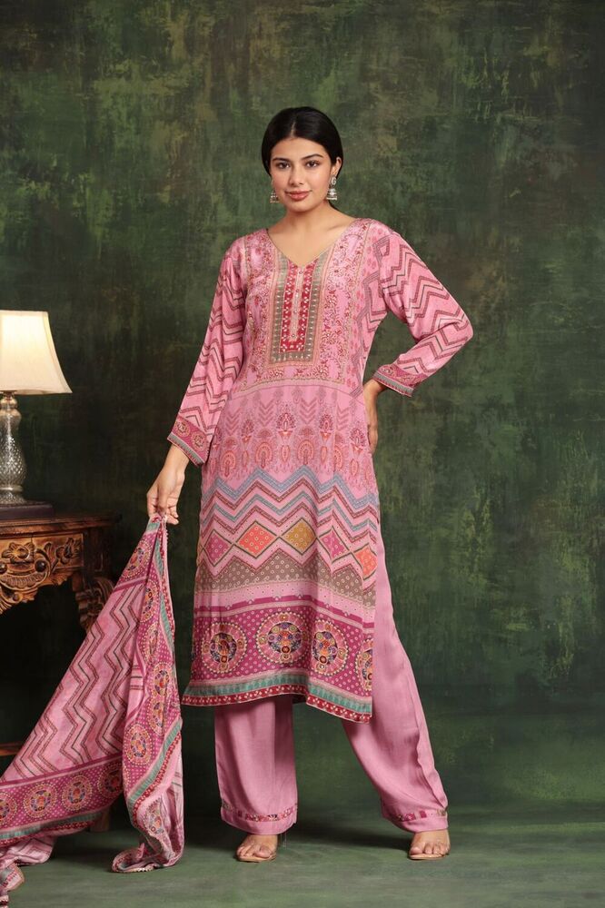 Ladies Pink Natural Crepe Suit Set - Color: Multicolor