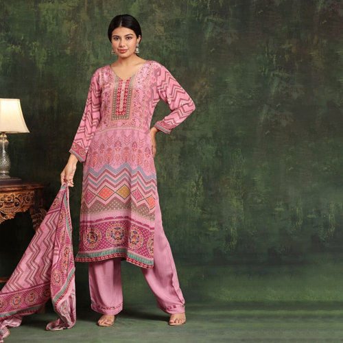 Ladies Pink Natural Crepe Suit Set - Color: Multicolor
