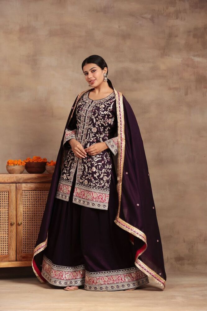 Ladies Embroidered Kiran Flared Pants Set - Color: Maroon