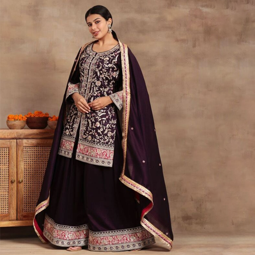 Ladies Embroidered Kiran Flared Pants Set - Color: Maroon