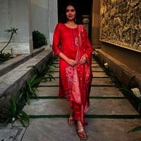 Ladies Silk Cut Work Suit Set - Color: Red