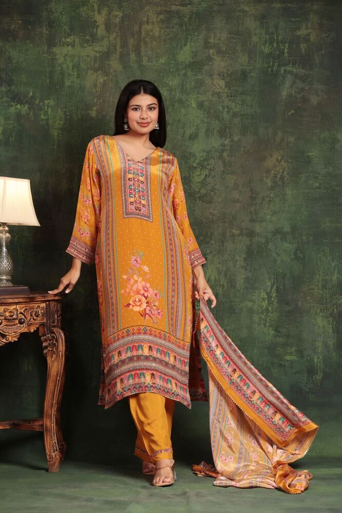 Ladies Yellow Digital Print Warm Suit Set - Color: Multicolor