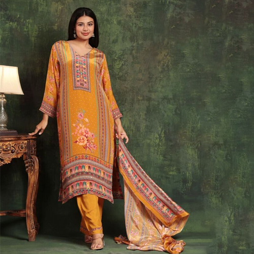 Ladies Yellow Digital Print Warm Suit Set - Color: Multicolor
