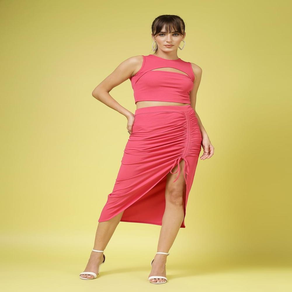 Lycra Coord Top And Skirt Set - Color: Pink