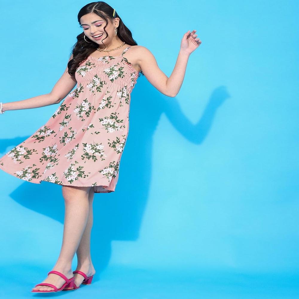 Orange Floral Printed Smocked Shoulder Straps Fit & Flare Dress