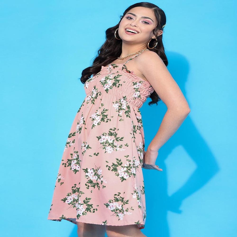 Orange Floral Printed Smocked Shoulder Straps Fit & Flare Dress