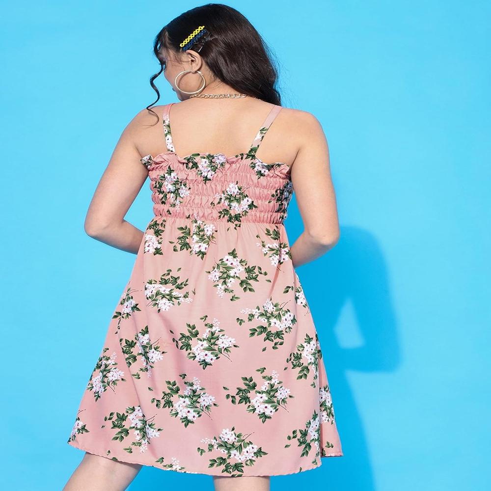 Orange Floral Printed Smocked Shoulder Straps Fit & Flare Dress