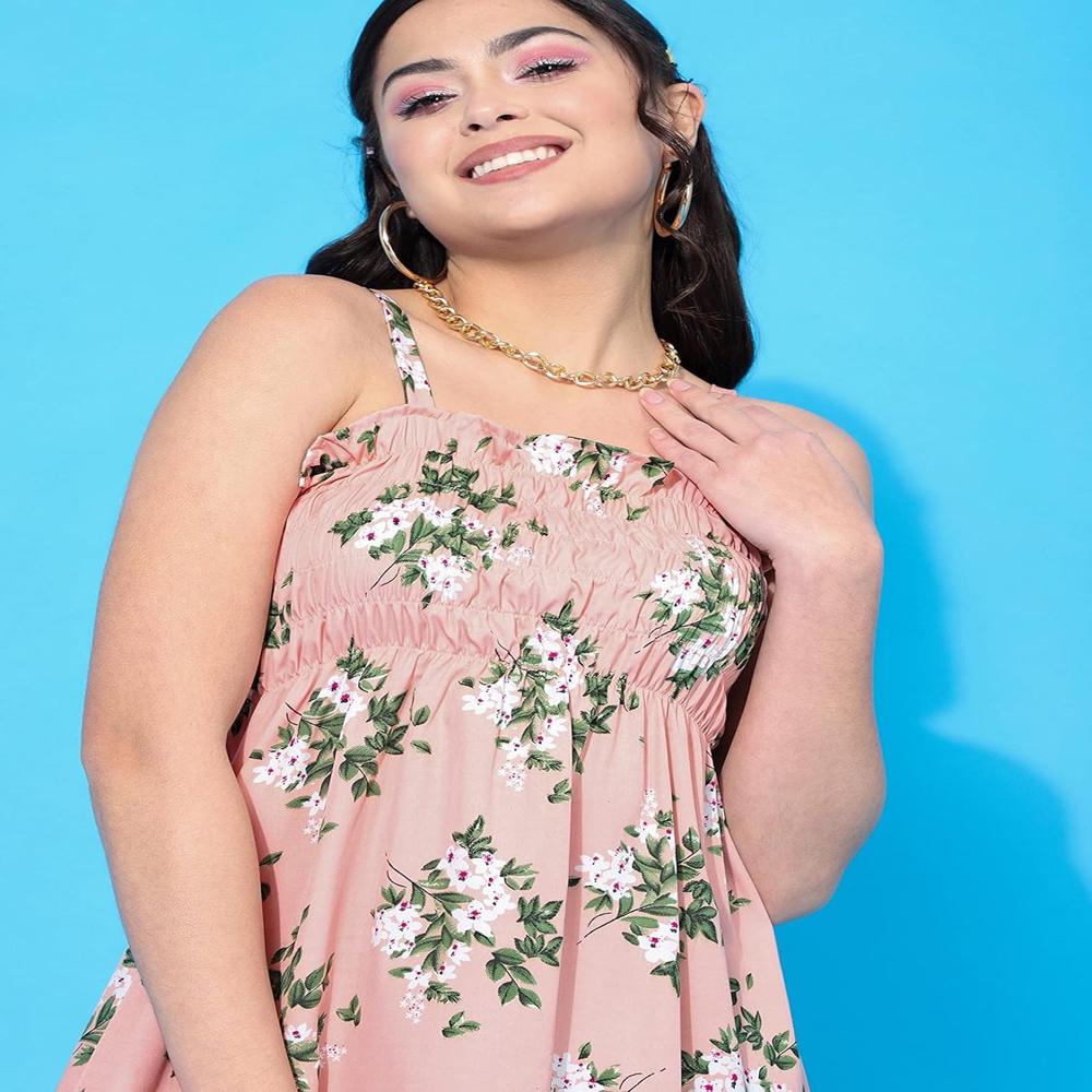 Orange Floral Printed Smocked Shoulder Straps Fit & Flare Dress