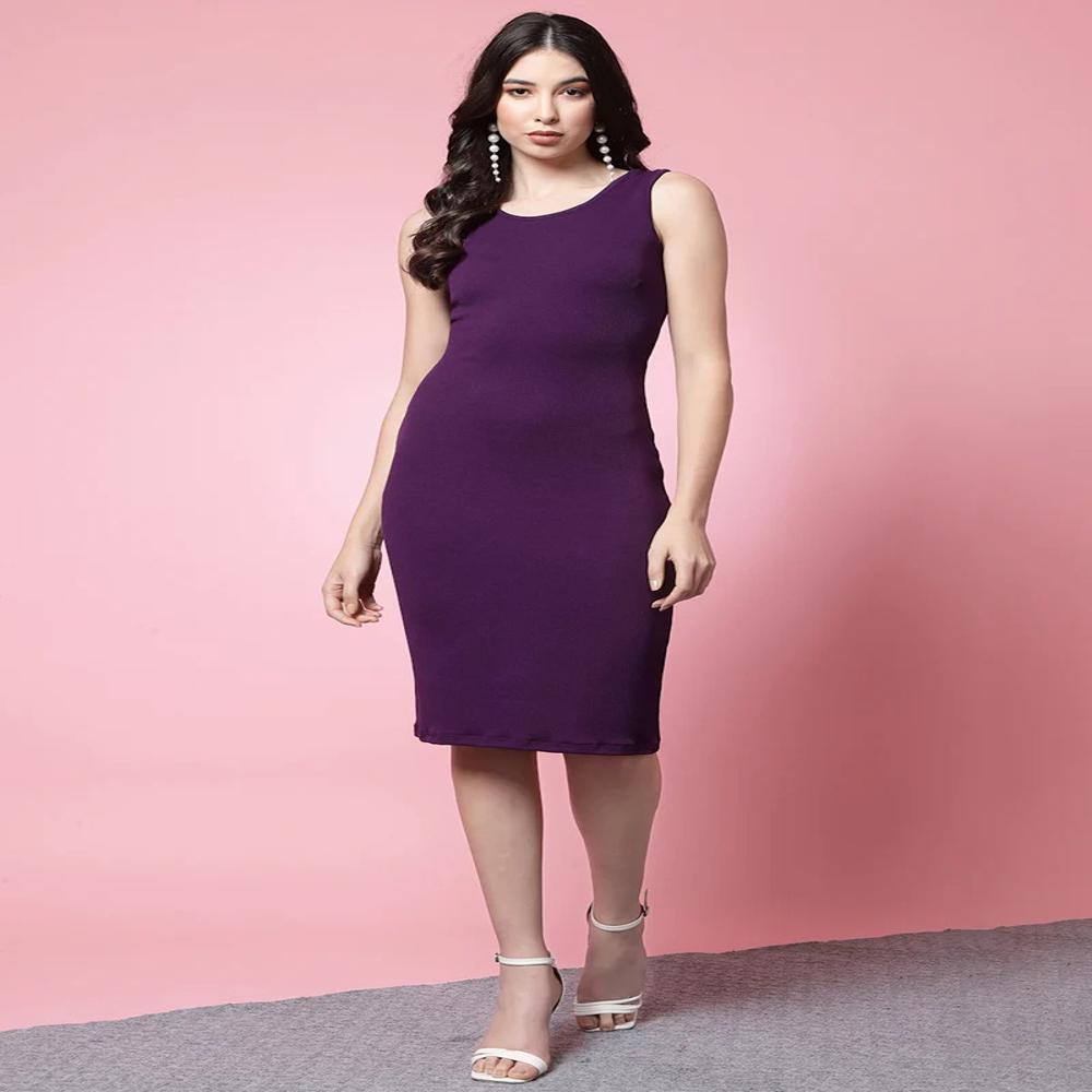 Purple Round Neck Lycra Bodycon Dress