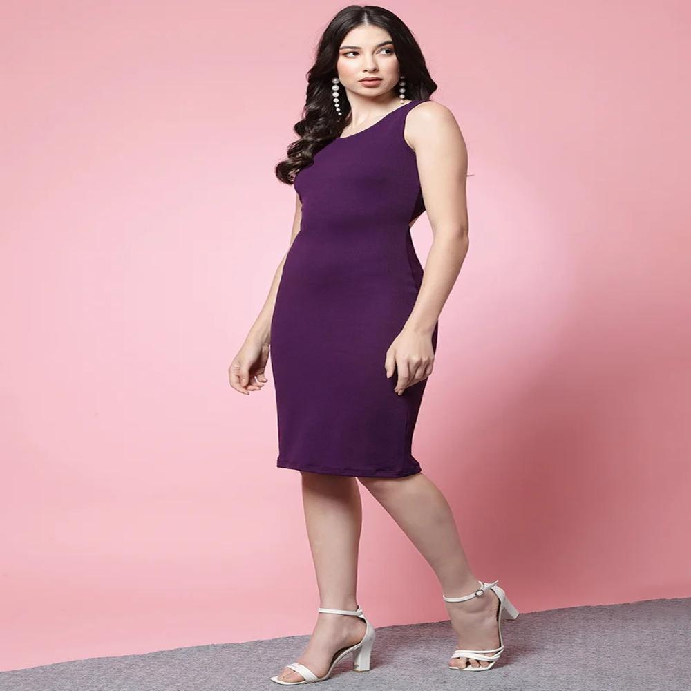 Purple Round Neck Lycra Bodycon Dress