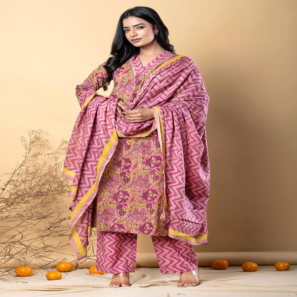 A Line Style Cotton Fabric Mauve Color Kurta And Bottom With Dupatta