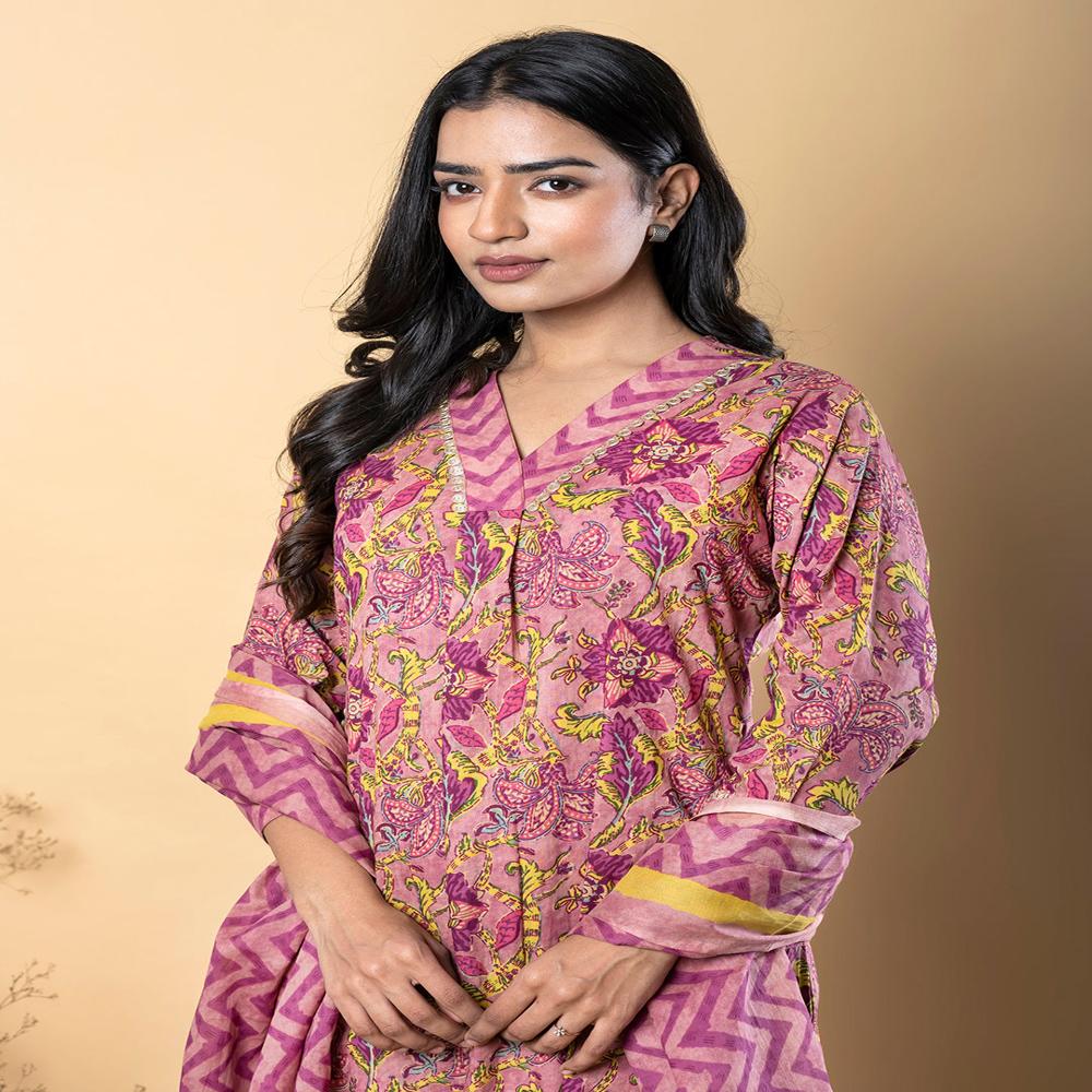 A Line Style Cotton Fabric Mauve Color Kurta And Bottom With Dupatta