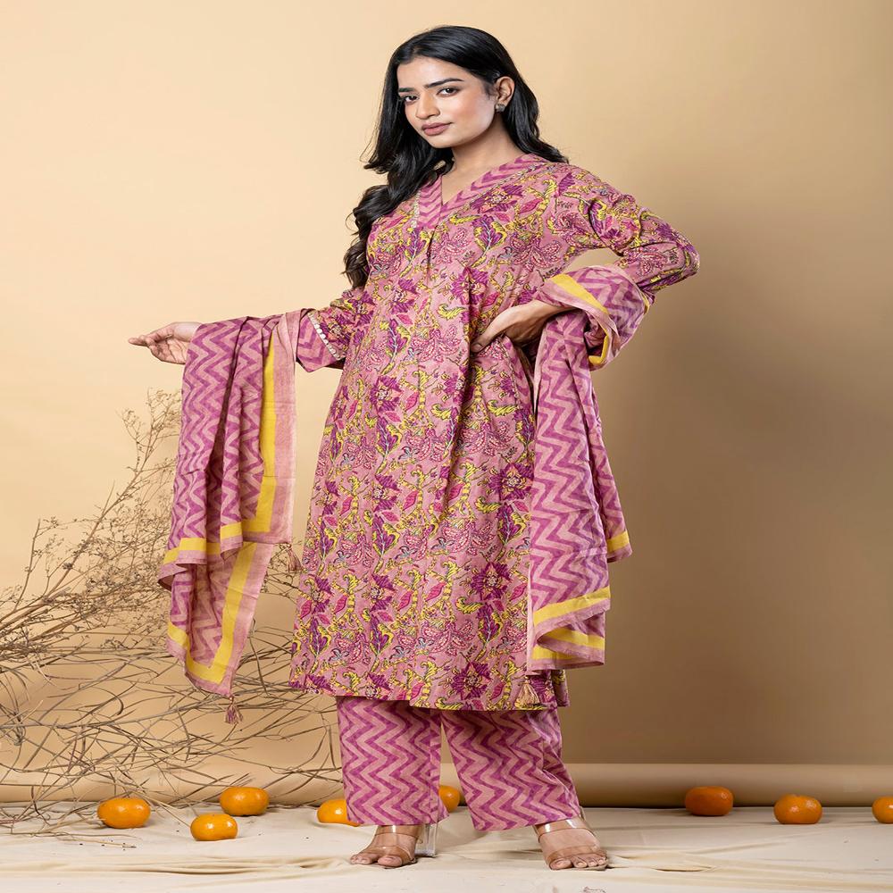 A Line Style Cotton Fabric Mauve Color Kurta And Bottom With Dupatta