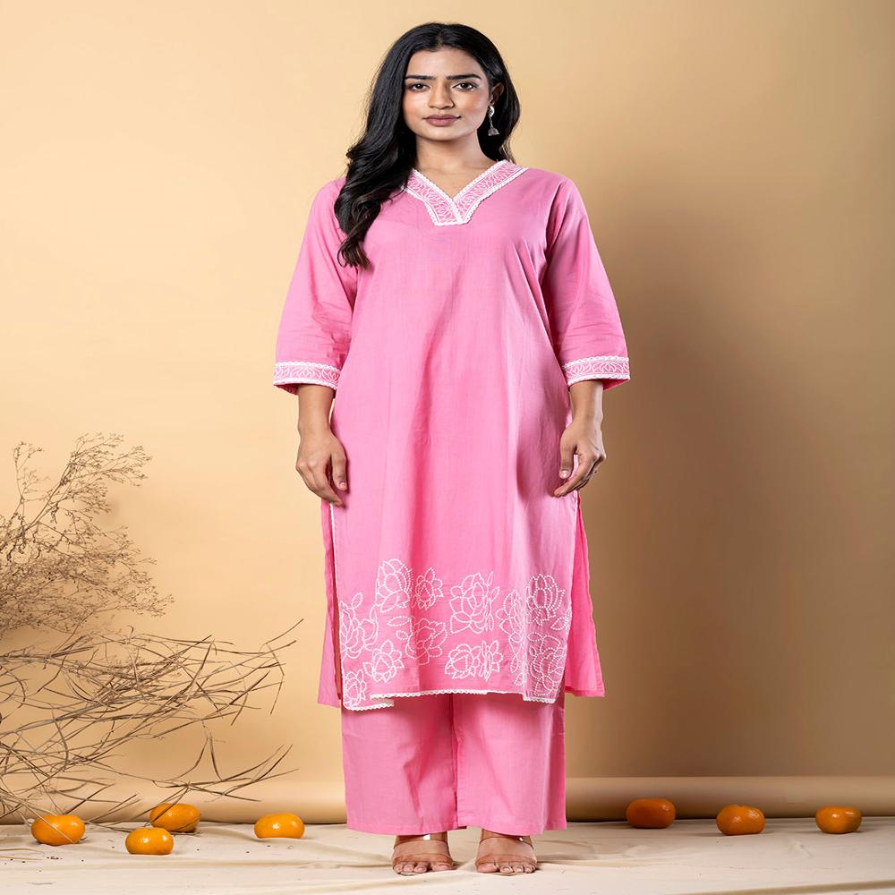 Straight Style Cotton Fabric Pink Color Kurta With Bottom