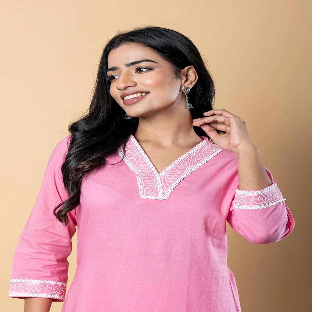 Straight Style Cotton Fabric Pink Color Kurta With Bottom