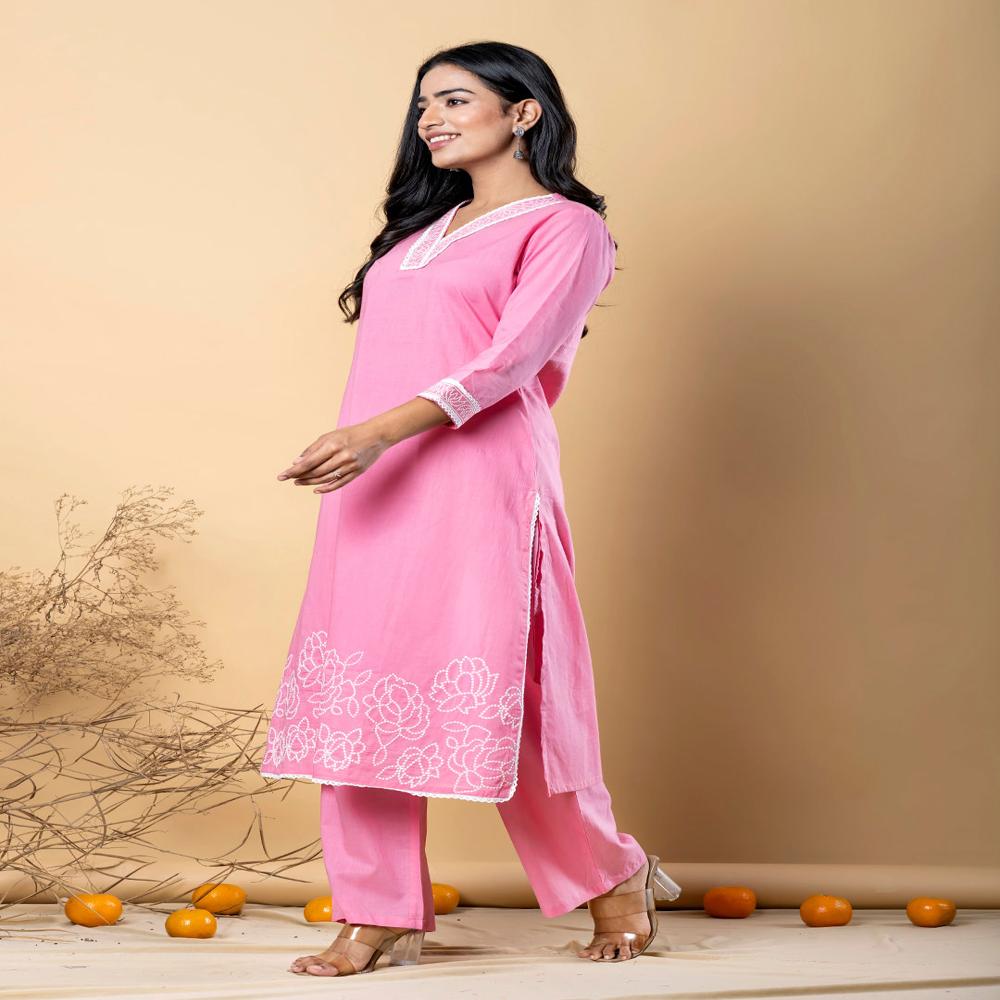 Straight Style Cotton Fabric Pink Color Kurta With Bottom