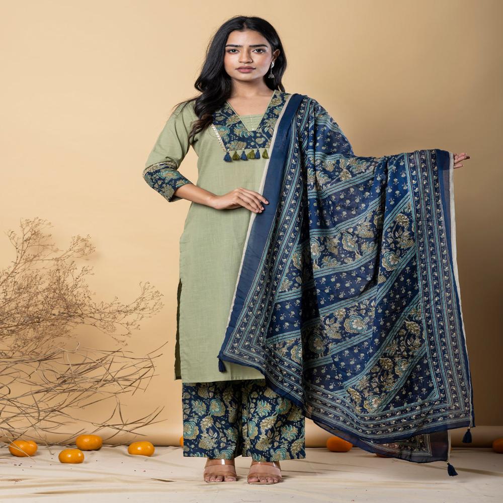 Straight Style Cotton Fabric Green Color Kurta And Bottom With Dupatta