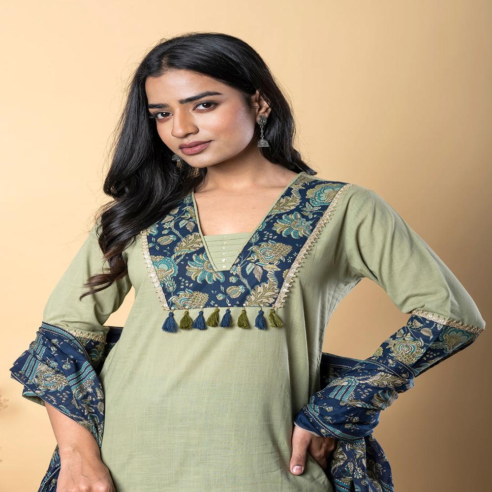 Straight Style Cotton Fabric Green Color Kurta And Bottom With Dupatta