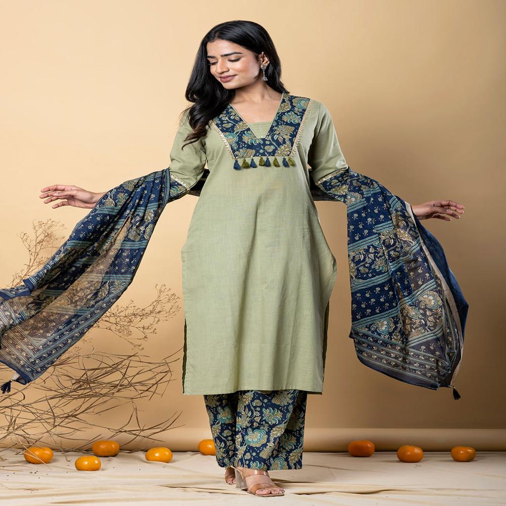 Straight Style Cotton Fabric Green Color Kurta And Bottom With Dupatta