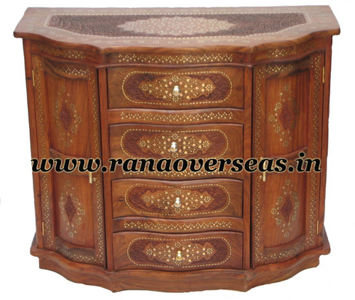 Brown Wooden Carved Brass Inlay Bar Table