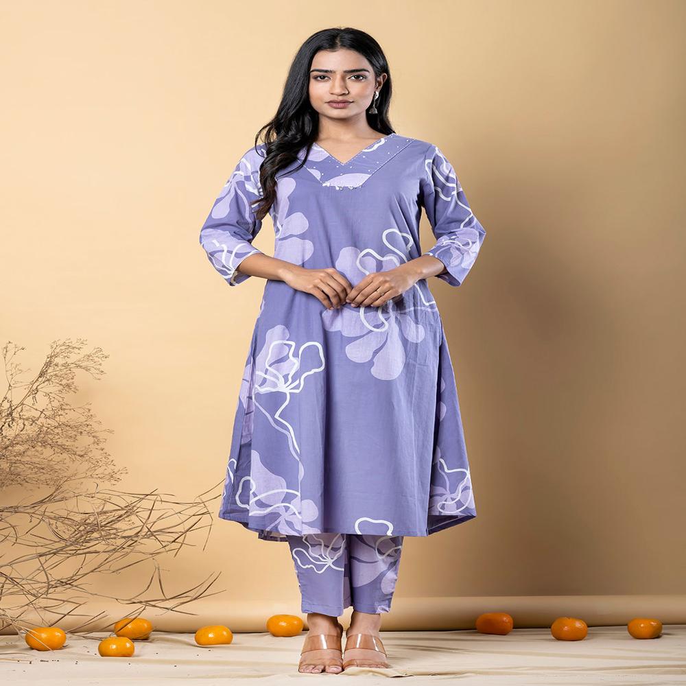 A Line Style Cotton Blend Fabric Purple Color Kurta With Bottom