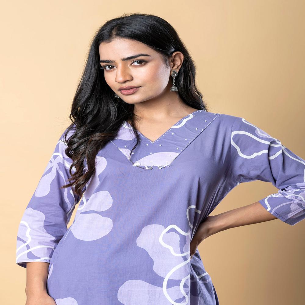 A Line Style Cotton Blend Fabric Purple Color Kurta With Bottom