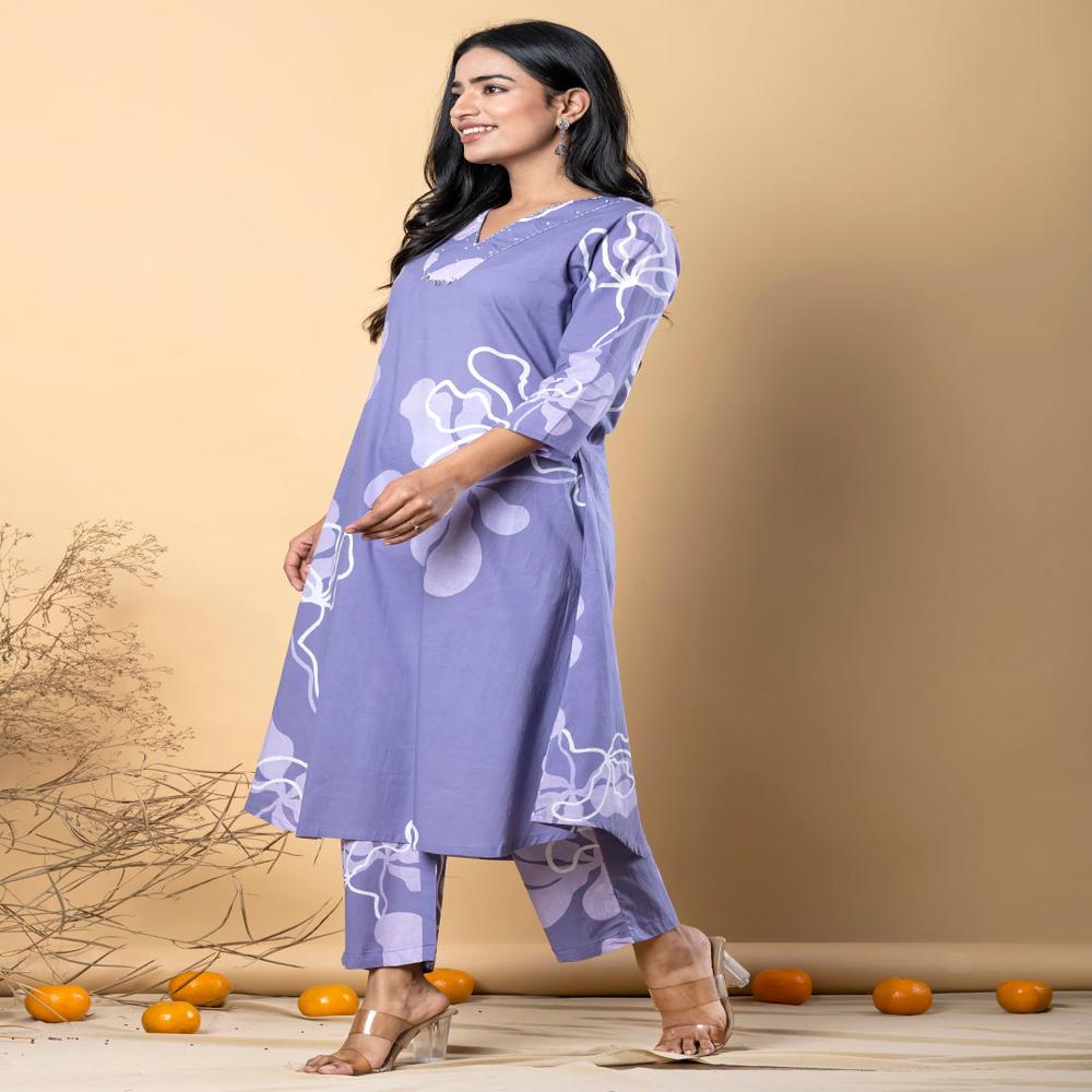 A Line Style Cotton Blend Fabric Purple Color Kurta With Bottom